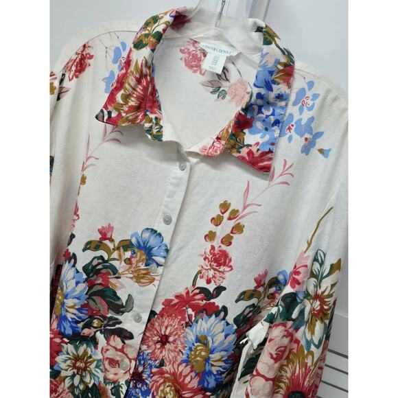 Cynthia Rowley Floral Print Shirt Blouse Women Sz 1X Long Sleeve top Linen Blend - Picture 3 of 7